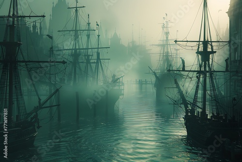 : A foggy harbor, with ships that have just set sail and others that are about to arrive photo