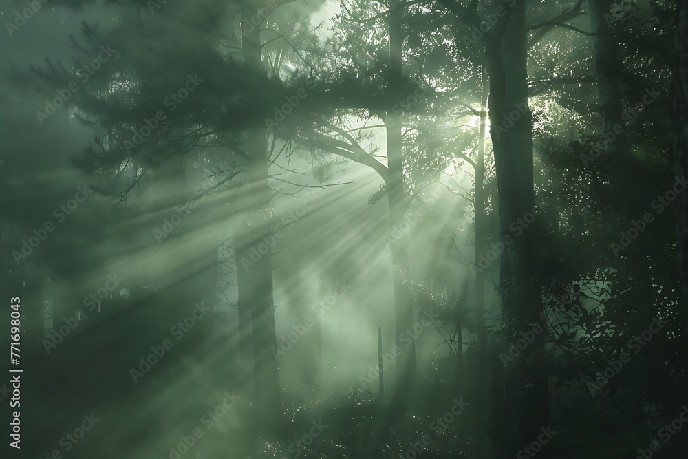 : A foggy morning in a forest, with rays of sunlight breaking through