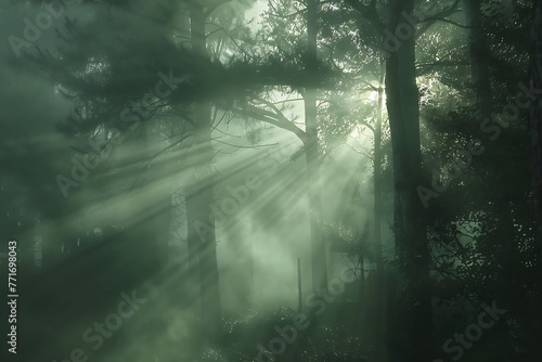   A foggy morning in a forest  with rays of sunlight breaking through
