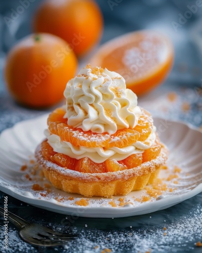 Tangerine tart with white whipped cream on top. French patisserie restaurant blurred background, small elegant gourmet portions