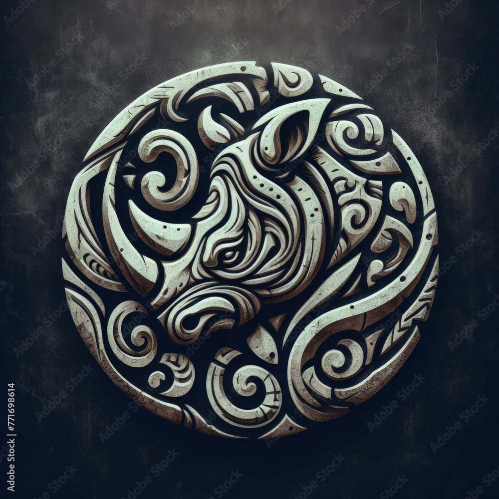 3d rhino logo carving and engraving on dark background 3d rhino logo carving and engraving on dark background
