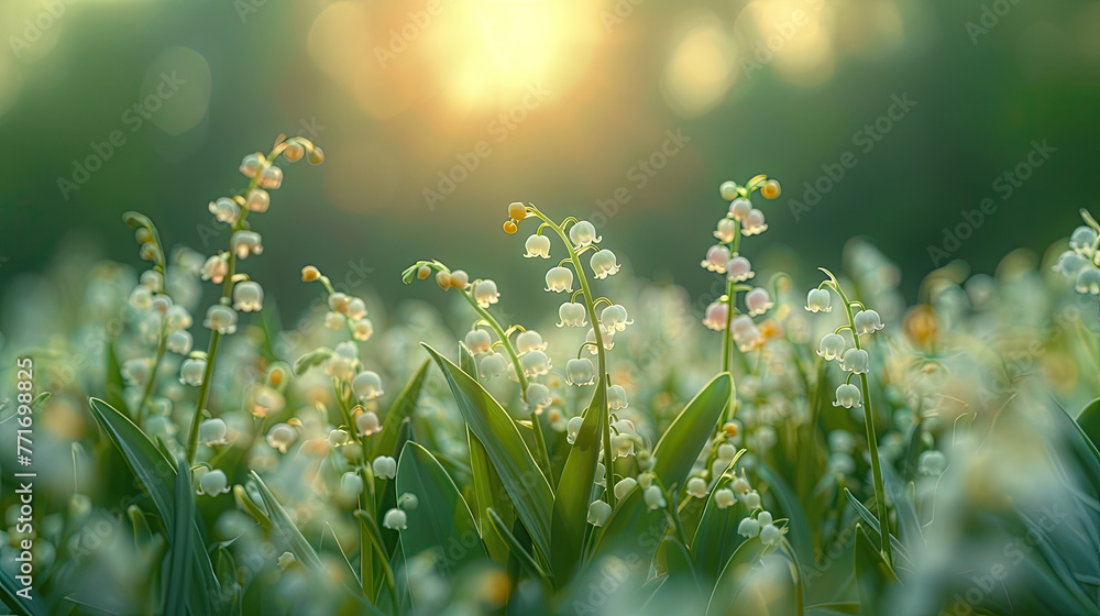 Glowing sunrise over a dew-kissed meadow of lily of the valley