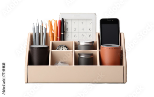 A desk organizer holds pens, pencils, and a cell phone