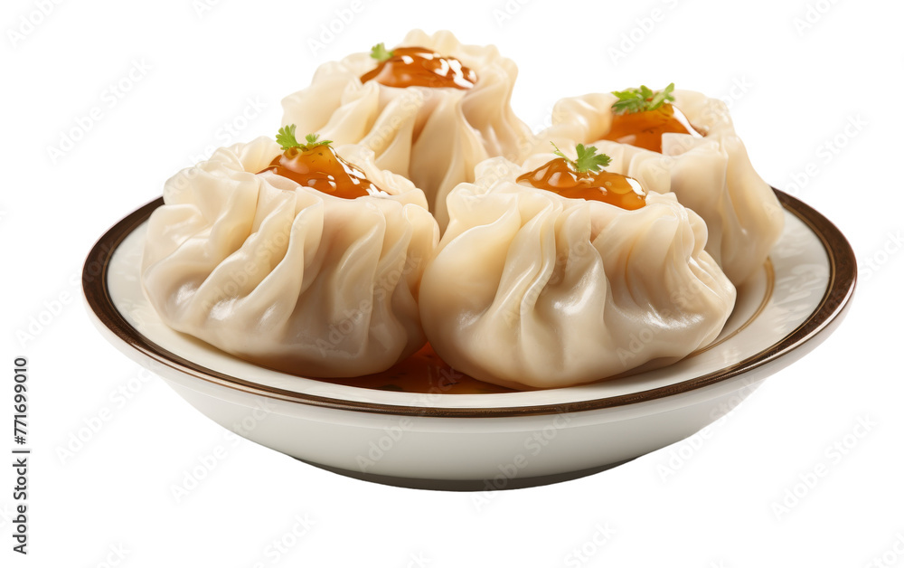 A white bowl overflows with dumplings smothered in savory sauce