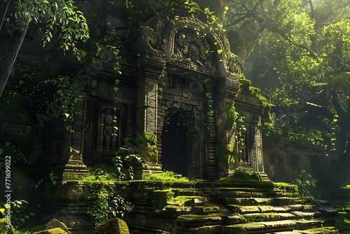   A forgotten temple hidden in a lush jungle  adorned with vibrant moss and ancient glyphs.