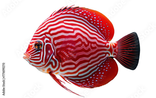 A graceful red and white fish elegantly swims in a serene white background