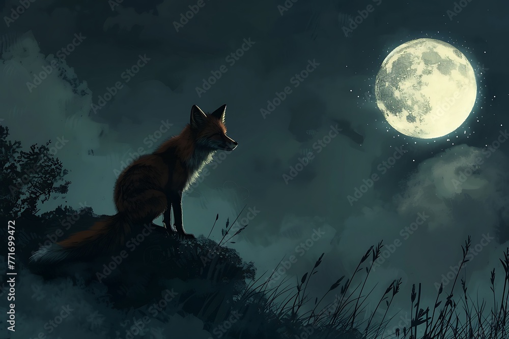: A fox sneaking up on its prey, with a sense of stealth and cunning, under a bright moon - obrazy, fototapety, plakaty 
