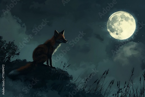 : A fox sneaking up on its prey, with a sense of stealth and cunning, under a bright moon