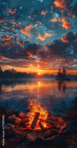 Beautiful sunset over a calm lake with a campfire glowing beside the shore showcasing serene natural scenery in the evening