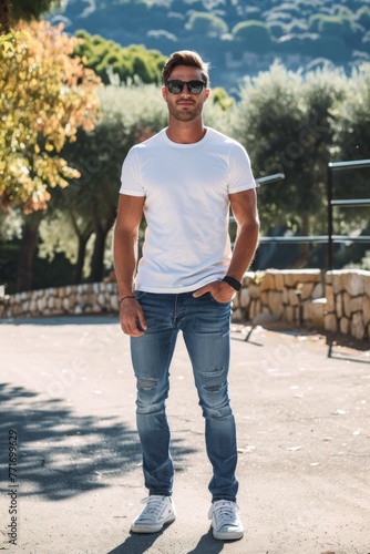 Photo of a very handsome man with a white t-shirt, short sleeves, round neck, jeans and tennis shoes, he is standing and wearing sunglasses, behind him you can see a park photo