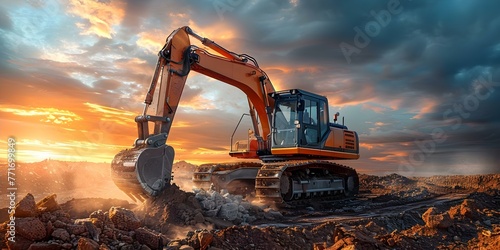 Professional photograph of an excavator digging dirt at a construction site. Concept Construction Machinery, Excavator, Construction Site, Heavy Equipment, Industrial Landscape