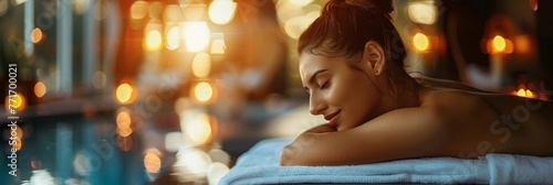 young woman on a towel lies near the indoor pool, in the spa, banner, place for text, relax photo