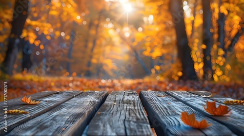 The empty wooden table top with blur background of autumns  The empty wooden table top with blur background of autum Ai generated 