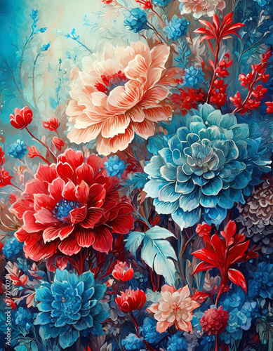 Dekoracyjna tapeta utworzona z czerwonych i niebieskich kwiatów w stylu vintage. Generative AI