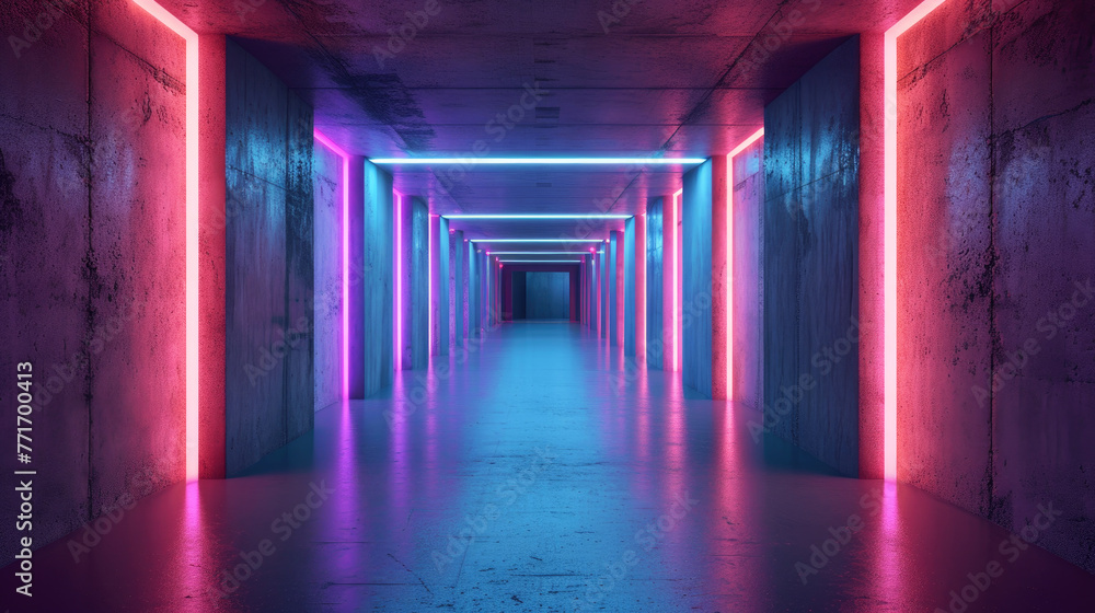Dark neon tunnel, inside modern room or hall, underground concrete garage with red and blue led light. Concept of background, warehouse, interior,