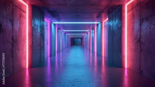 Dark neon tunnel  inside modern room or hall  underground concrete garage with red and blue led light. Concept of background  warehouse  interior 