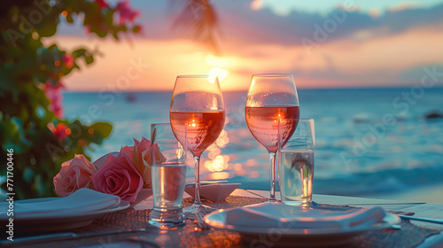 Romantic sunset dinner on the beach. Table honeymoon set for two with luxurious food  glasses of champagne drinks in a restaurant with sea view. Summer love  romance date on vacation concept.