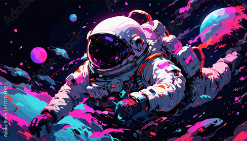 Vivid Neon Astronaut in Galactic Space Vector