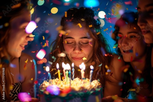 Close-up of a joyful teenage girl surrounded by friends holding a birthday cake with candles amidst confetti