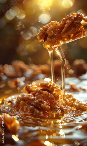 Product photo, walnut kernels, vertically flowing walnut oil, honey