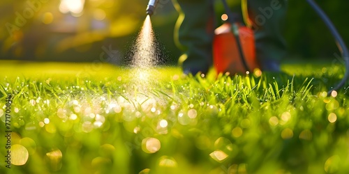 Person spraying pesticide on green lawn outdoors for pest control. Concept Pesticide Spraying, Lawn Care, Pest Control, Outdoor Maintenance, Garden Protection