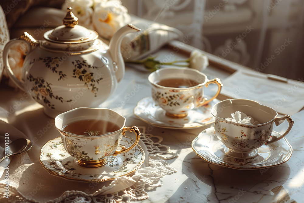Fototapeta premium Bed set for afternoon tea with pastel pink, blue, yellow and green tea set. Tea party,