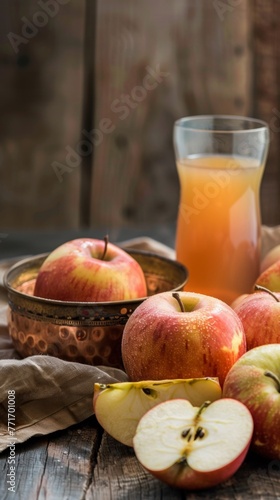 Several apples are cut in half next to a glass full of apple juice.