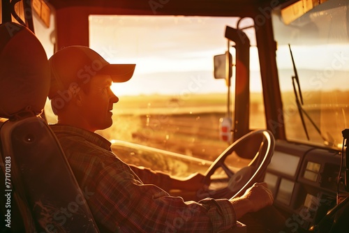 Inside the truck cabin with a trucker at the wheel, the soft light of sunset fills the space creating a warm atmosphere