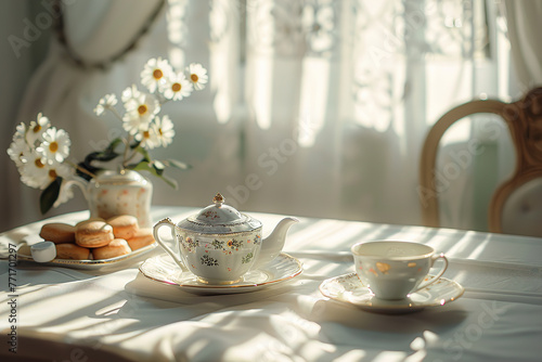 Bed set for afternoon tea with pastel pink, blue, yellow and green tea set. Tea party,