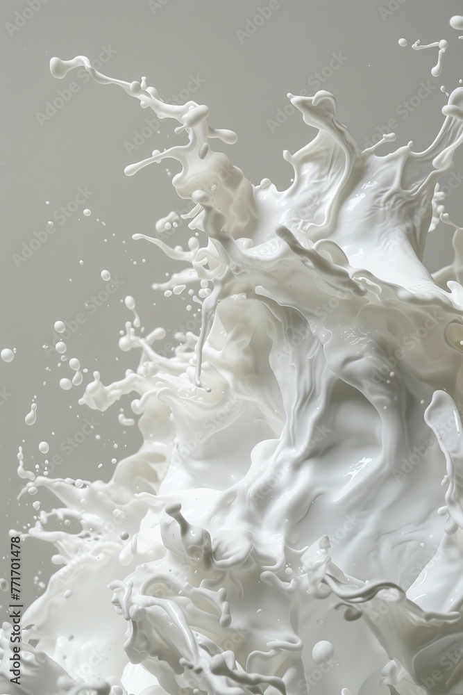 Dynamic milk splash frozen in motion on a light background. High-speed photography design for dairy products, beverage concepts, and fluid dynamics. Dynamic milk splash frozen in motion on a light background. High-speed photography design for dairy products, beverage concepts, and fluid dynamics.