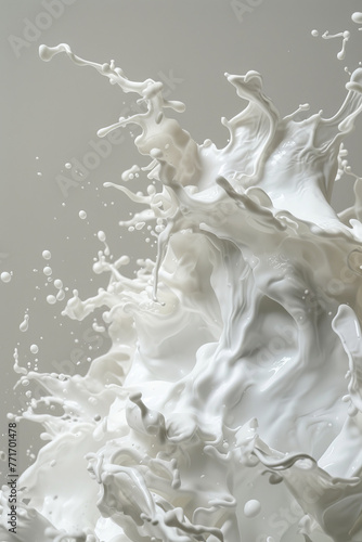 Dynamic milk splash frozen in motion on a light background. High-speed photography design for dairy products, beverage concepts, and fluid dynamics.