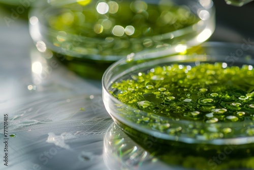 This image showcases a close-up of multiple petri dishes containing green algae specimens under laboratory lighting