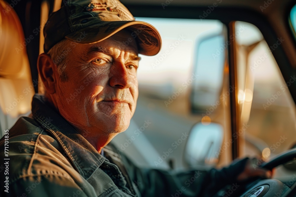 Inside view of a focused truck driver navigating the roads during the beautiful golden hour of sunset Inside view of a focused truck driver navigating the roads during the beautiful golden hour of sunset