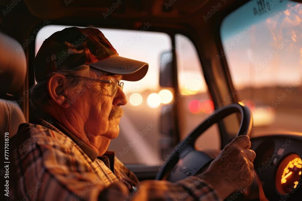 A truck driver is captured at the helm, as the vibrant colors of sunset flood the cabin, mapping the closing of a day's hard work