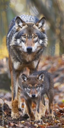 wolf and its cub, the cub wolf is in front of the adult wolf, front view 