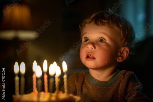 A young child is about to blow out candles on a birthday cake, symbolizing joy and the passage of time in a warmly lit room photo