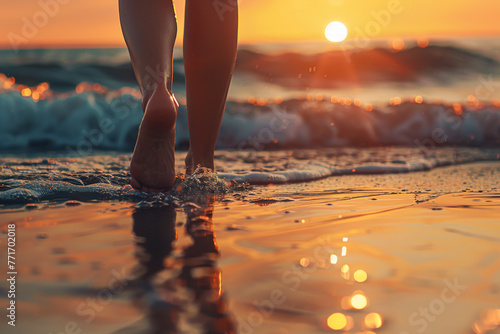 The girl's legs close up. Barefoot on the sand and the sea shore. A girl's feet a woman walks along the coast of the sea. lifestyle