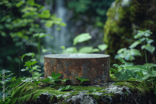 Eco-Friendly Elegance: Mockup for Product Photography Featuring a Pedestal Crafted from Natural Elements, Set Amidst Lush Nature © Viktoriia