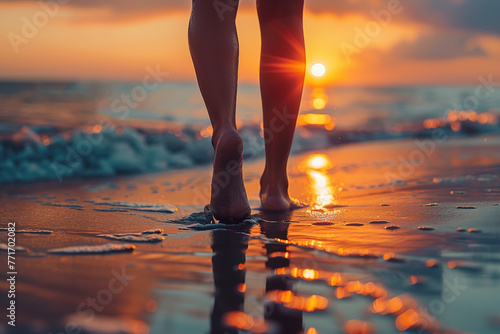 The girl s legs close up. Barefoot on the sand and the sea shore. A girl s feet a woman walks along the coast of the sea. lifestyle