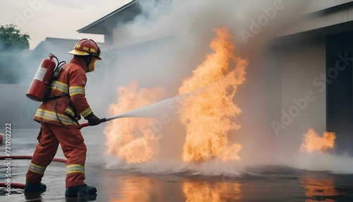 fireman using water and extinguisher to fighting with fire flame in an emergency situation., under danger situation all firemen wearing fire fighter suit for safety. digital ai art