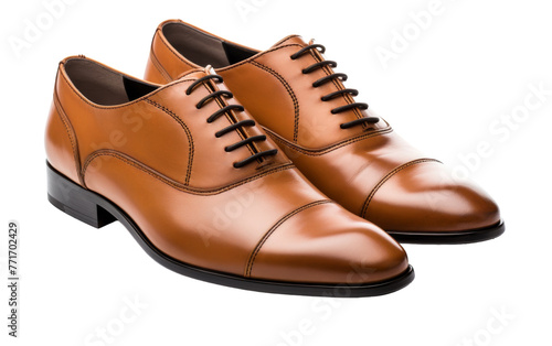 A pair of elegant brown shoes standing gracefully on a stark white background