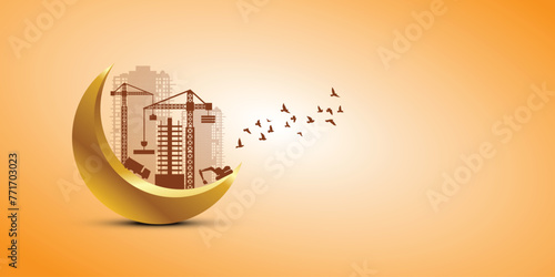 Gold decorative new moon with construction buildings, cranes, and other equipment, Eid and Ramadan concept for construction, builder, developer, engineer, civil engineer, housing, architect design