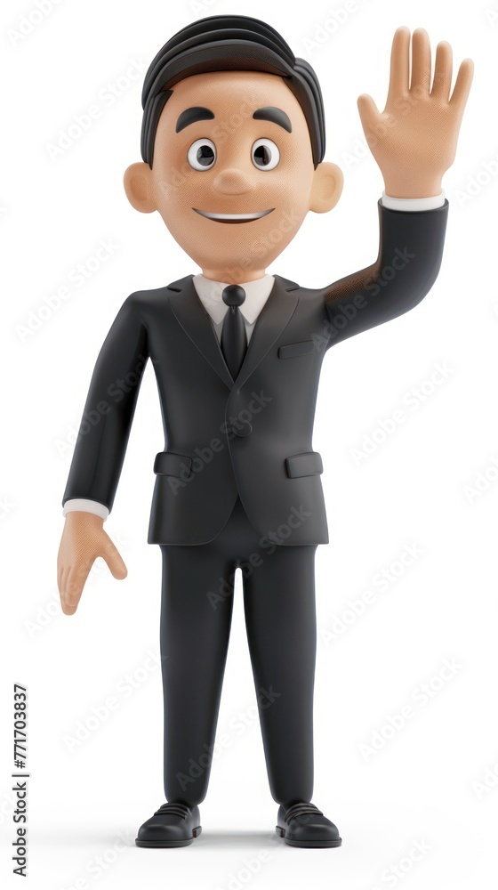 3D illustration of a cartoon character in a tuxedo saying hello 3D illustration of a cartoon character in a tuxedo saying hello