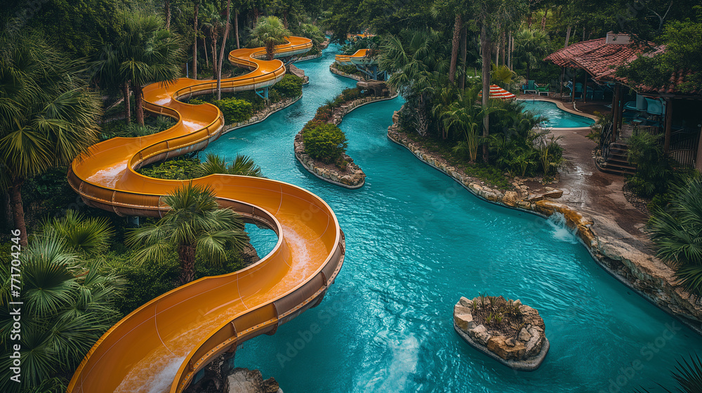 An aerial view of a sprawling aquapark resort with colorful water ...