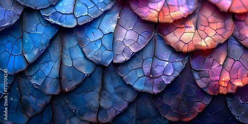 Iridescent Blue and Purple Butterfly Wing Scales Resembling Tiny Jewellike Tiles with a Rough Texture. Concept Butterfly Wing Anatomy, Iridescent Scales, Blue and Purple Color, Jewel-Like Appearance