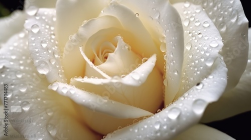 close up view of white rose with water drops background