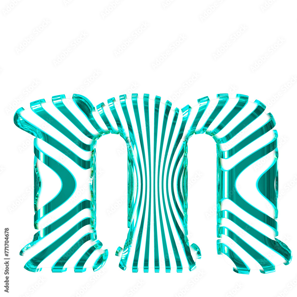 White symbol with turquoise vertical ultra-thin straps. letter m White symbol with turquoise vertical ultra-thin straps. letter m