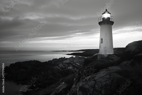 : A lighthouse on a rocky coastline with contrast between the brightly lit lighthouse and the dark coastline