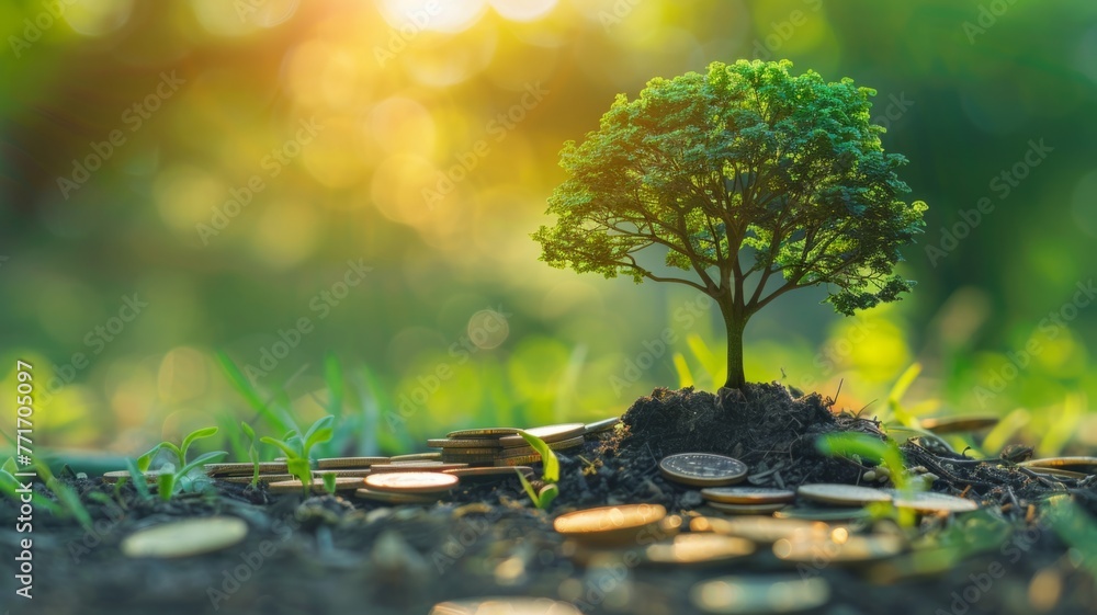 Tree growing from coins on soil with sunlight - Concept image showing investment growth with a tree sprouting from coins in rich soil and golden sunlight - obrazy, fototapety, plakaty 