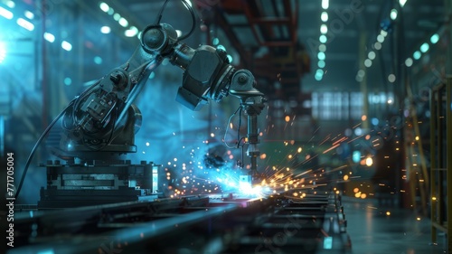 Robotic arm welding with bright sparks flying - Automation technology in action with a robotic arm welding and creating bright sparks in an industrial setting
